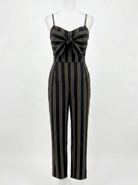 Lush Black & Tan Striped Tie-Front Jumpsuit - Size Large - Summer/Outdoor Ready